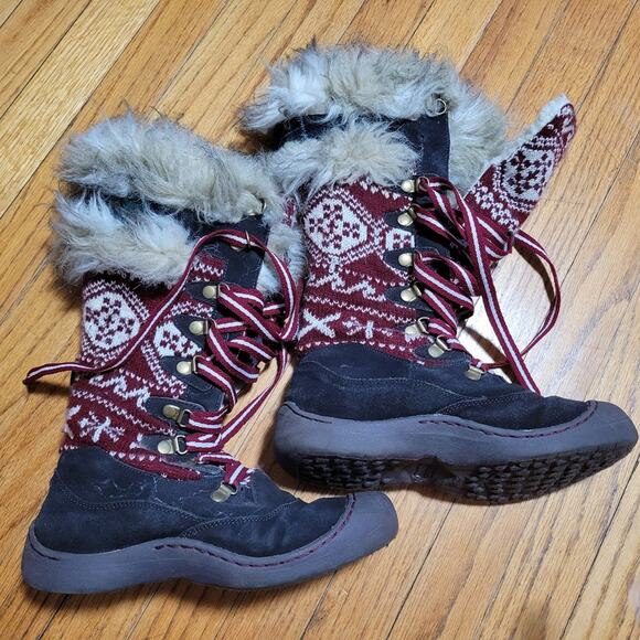 Muk Luks Gwen Brown Suede Red Knit Faux Fur Lace Up  Boots 7 - Picture 1 of 6